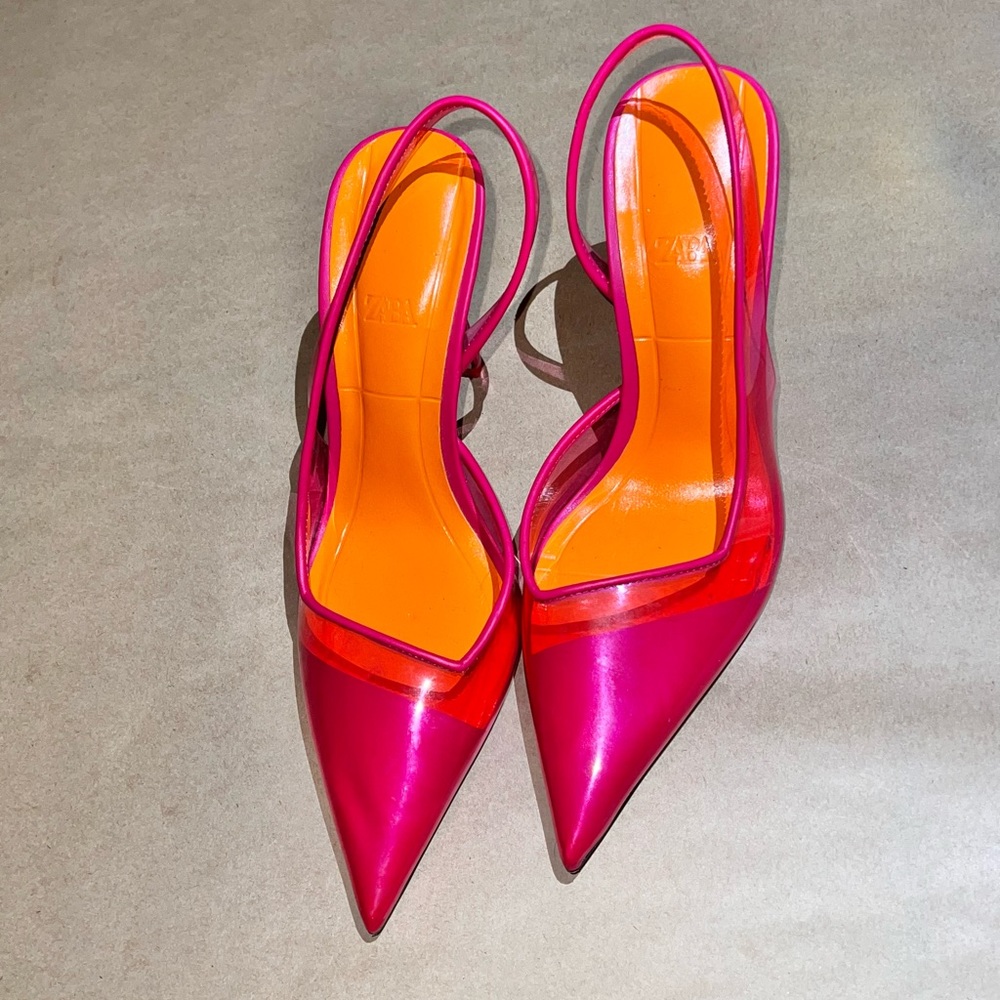 Zara Women’s Slingback pointed toe pumps Size 38 Hot Pink Transparent Vinyl